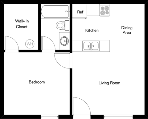 A floor plan of a house with a bedroom, living room, kitchen, dining area and a walk-in closet.